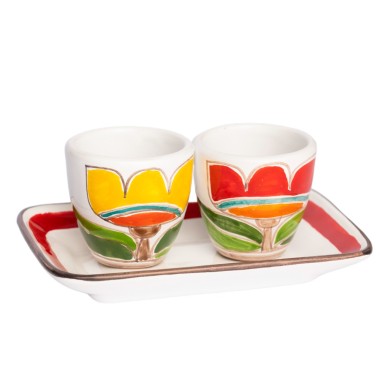 Handmade Sicilian Coffee Cups with Tray Set Tulips Folk De Simone Pottery Handmade Sicilian Coffee Cups with Tray Set Tulips Folk De Simone Pottery